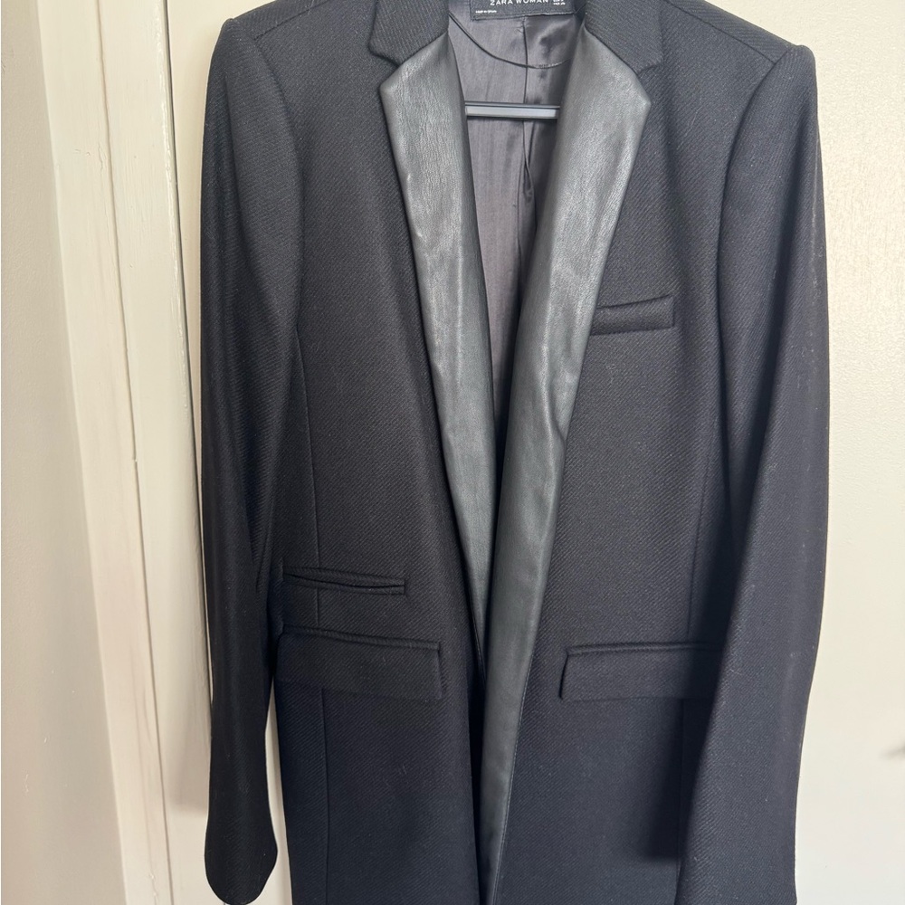 Zara Black Blazer with Leather Trim - Picture 3 of 13